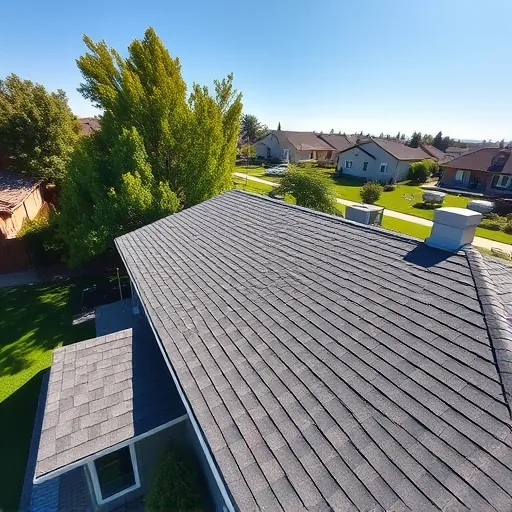 Freshly replaced modern home roof in Stockton with detailed shingles, vents, flashing, lush yard, and bright sunny sky