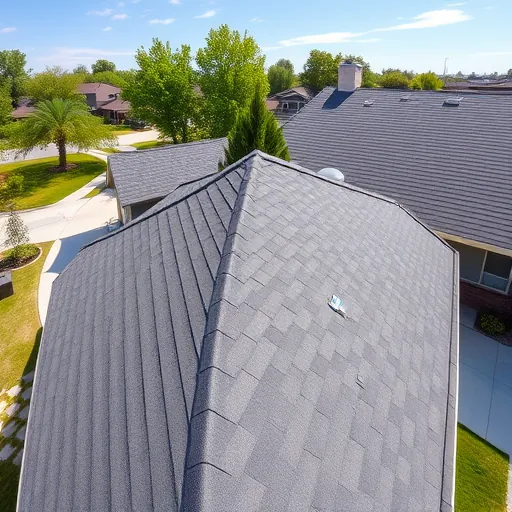 Newly replaced asphalt shingle roof on modern home in Hughson CA with detailed texture, clean lines, and surrounding lush greenery