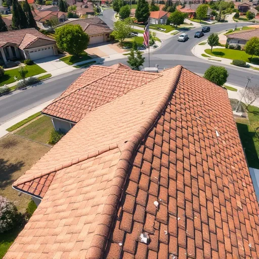 Freshly completed roof replacement in Escalon California with detailed earthy shingles in a residential neighborhood under bright daylight