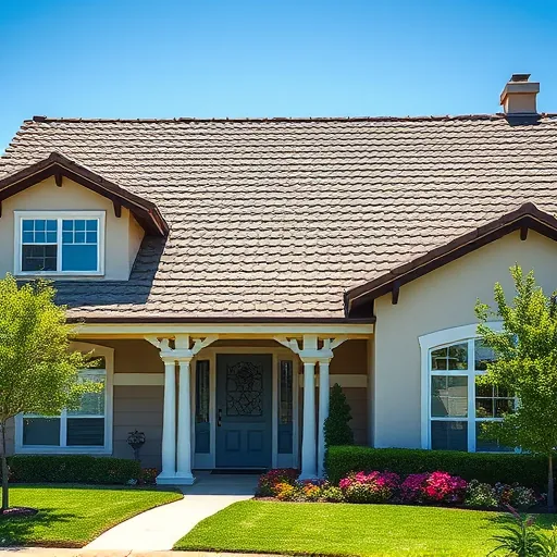 Completed roofing installation in Lathrop CA with intricate shingles, a charming yard, and clear blue sky.