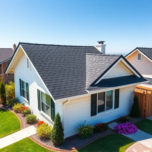 Completed roofing project in Farmington CA with black and gray shingles on a mid-century home surrounded by gardens.