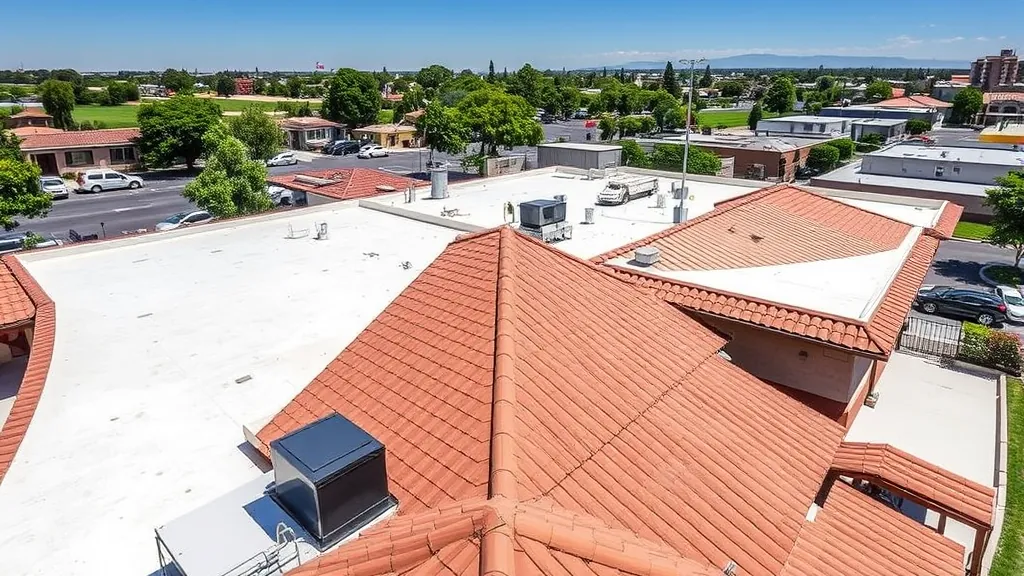 Commercial Roofing projects in Modesto, CA showcasing various roofing styles and designs.