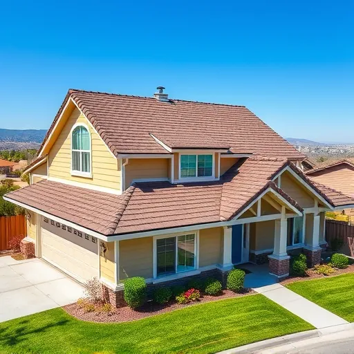 Freshly replaced roof with shingles and flashing on a well-maintained Salida CA home with green lawns and blue skies