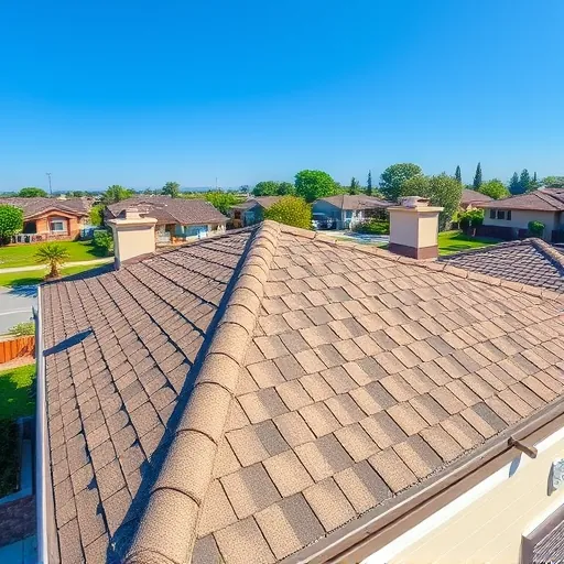 Newly replaced residential roof in Parklawn CA with high-quality shingles, neat edges, vent caps, and flashing under clear blue skies