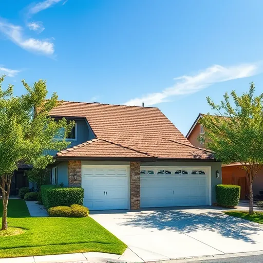 Recently completed asphalt shingle roof on a modern home in Rouse California with lush landscaping under a clear blue sky