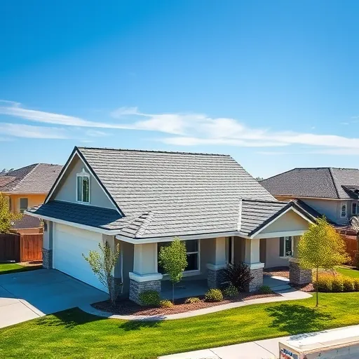 Recently replaced gray asphalt roof on a modern home in Lathrop CA with pristine shingles and lush landscaped yard