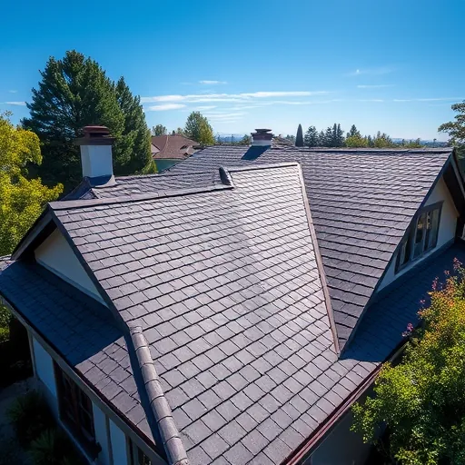 Completed roofing project in La Grange CA features deep charcoal shingles and geometric design under a clear blue sky.