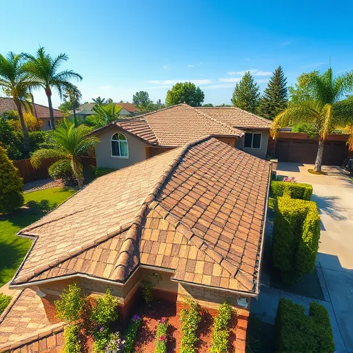 Freshly replaced roof with weather-resistant shingles on a modern California home surrounded by lush landscaping and clear blue sky