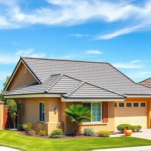 Completed shingle roof in Ballico CA showcases dark grey tones, charming stucco home, green lawn, and clear sky.