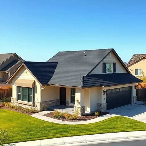Completed roofing project in Ripon CA featuring a sleek dark asphalt shingle roof on a modern home with elegant landscaping.