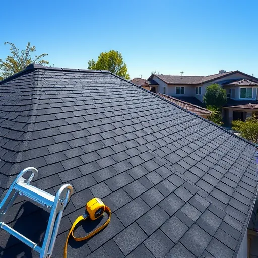 Modern roofing project in Stockton CA with charcoal shingles and crisp angles, showcasing expert craftsmanship and tools.