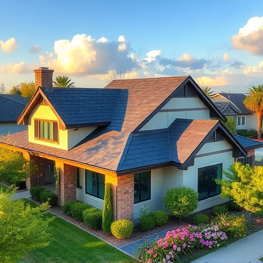 Completed roofing project in Rouse, CA, featuring modern home with dark shingles, metallic accents, and vibrant garden.