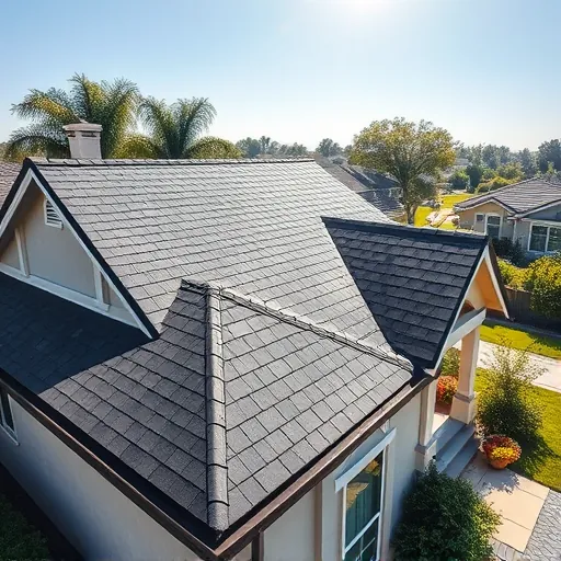 Completed roofing project in Stockton CA featuring charcoal shingles, manicured landscaping, and modern gutters.
