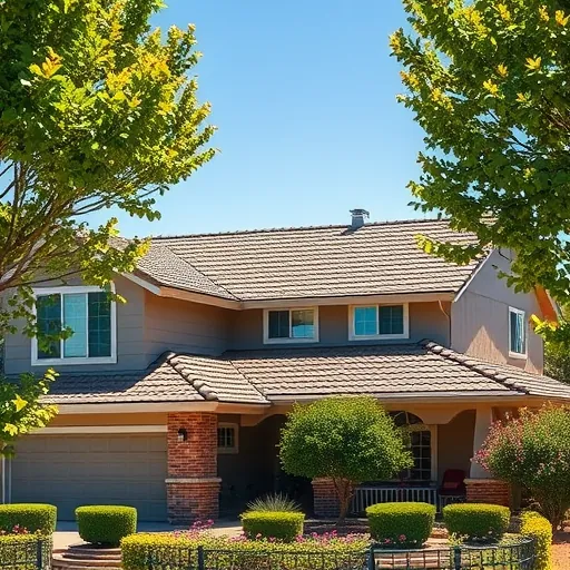 Completed roofing project in Ceres CA shows new shingles and metal accents amidst a vibrant suburban landscape