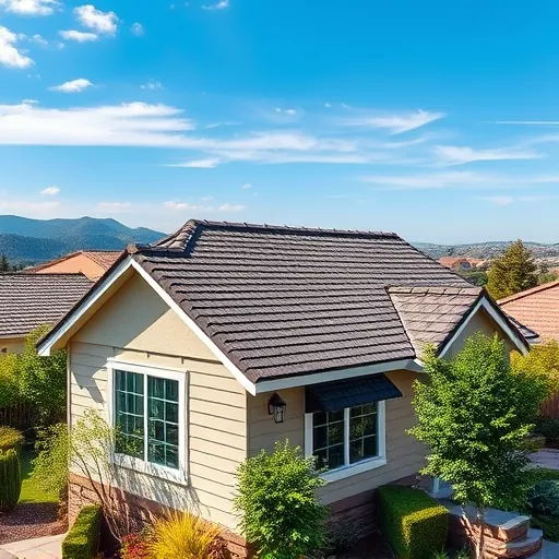 Newly replaced asphalt shingle roof on a modern house in Knights Ferry CA with lush landscaping and scenic hills
