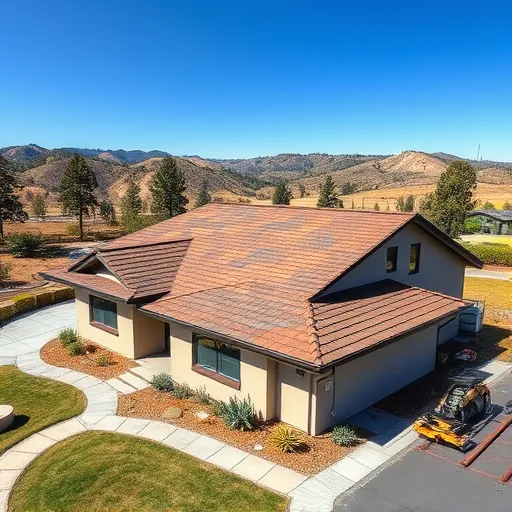 Freshly replaced asphalt shingle roof with warm earthy tones, detailed textures, landscaping, hills, and pine trees in Sonora California