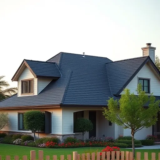 Completed roofing project in La Grange CA showcasing a dark shingle roof, light siding, and vibrant garden.