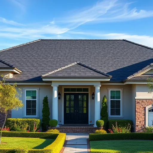 Modern home in Westley CA with sleek dark shingles, lush landscaping, and clear blue sky highlighting craftsmanship.