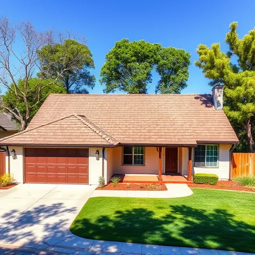 Newly installed asphalt shingle roof on a modern home in Valley Home CA, framed by lush trees and blue skies.