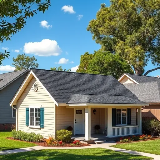 Completed roofing project in Ripon CA featuring dark charcoal asphalt shingles on a charming beige house. Sunny day ambiance.