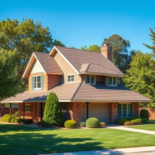 Completed gable roof in Rouse, CA with sleek shingles, surrounded by greenery and a manicured lawn under blue sky.