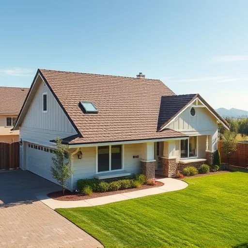 Freshly replaced dark asphalt shingle roof on a modern home in Manteca CA with lush landscaping and bright natural lighting