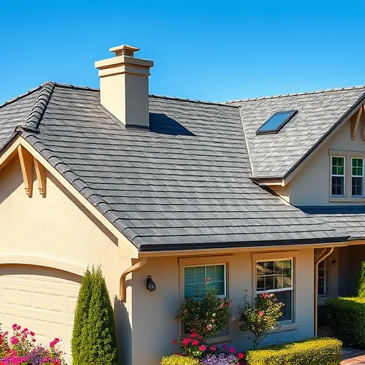 Completed roofing project in Escalon CA showcasing stylish gray asphalt shingles, chimney, skylight, and vibrant landscaping.