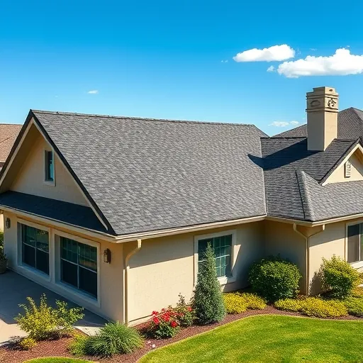 Completed roofing in Valley Home CA featuring charcoal asphalt shingles, lush lawns, and a clear blue sky.