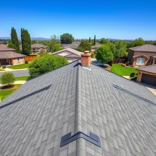 Recently replaced asphalt shingle roof in Oakdale CA with detailed gray shingles, lush neighborhood background.