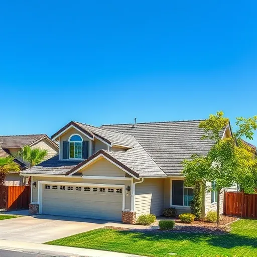 Recently replaced asphalt shingle roof on modern home in Sonora CA with lush trees and sunny sky background