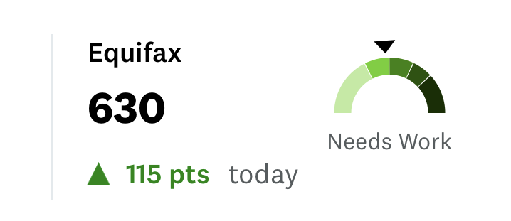 Equifax score increased 115 points to 630