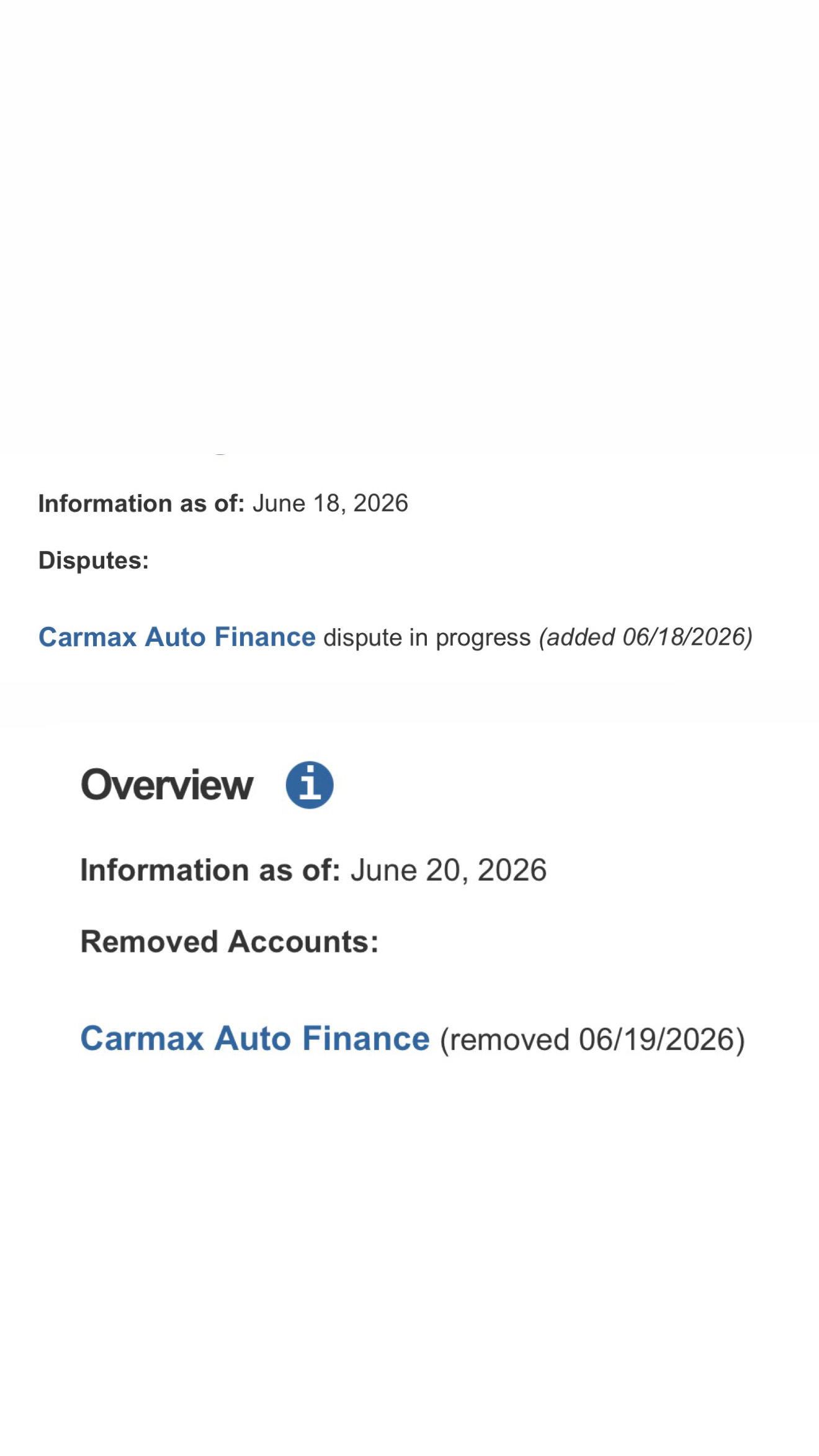CarMax Auto Finance account shown removed after dispute