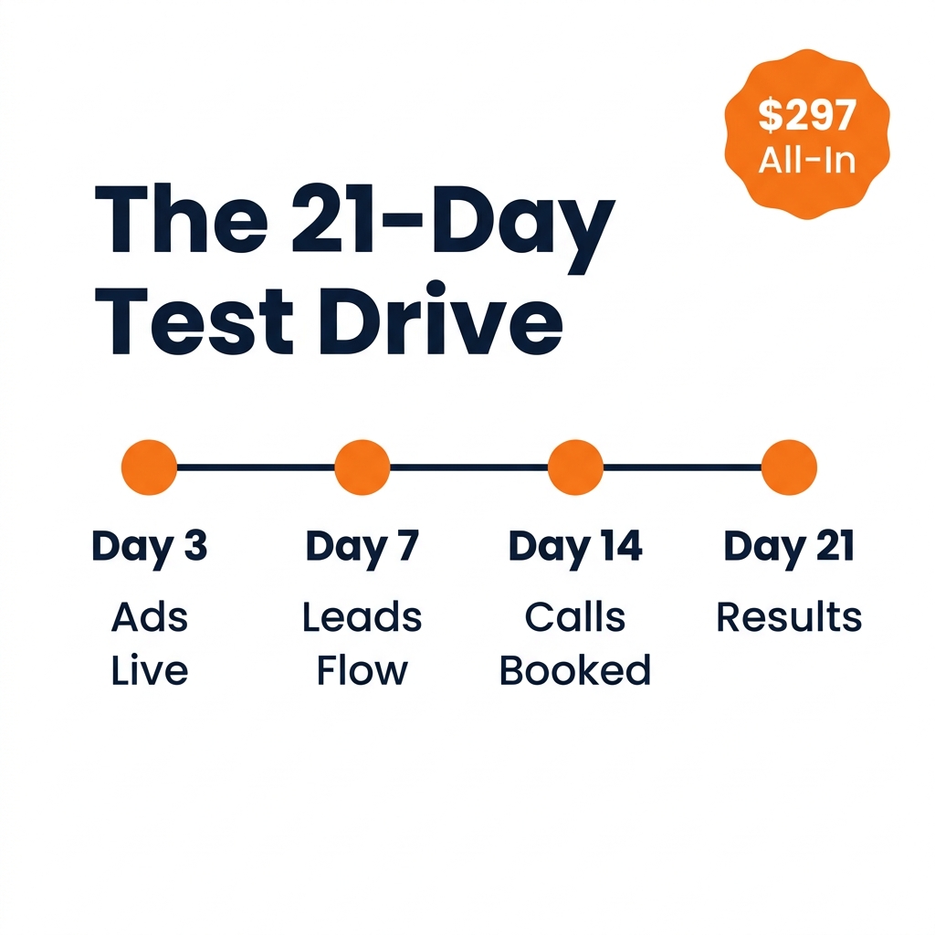 The 21-Day Test Drive timeline: Day 3 Ads Live, Day 7 Leads Flow, Day 14 Calls Booked, Day 21 Results