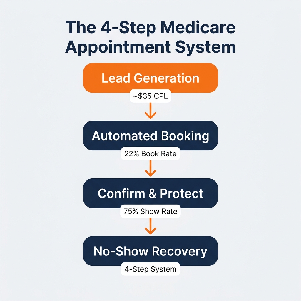 The 4-step Medicare appointment system: Lead Generation, Automated Booking, Confirm and Protect, No-Show Recovery