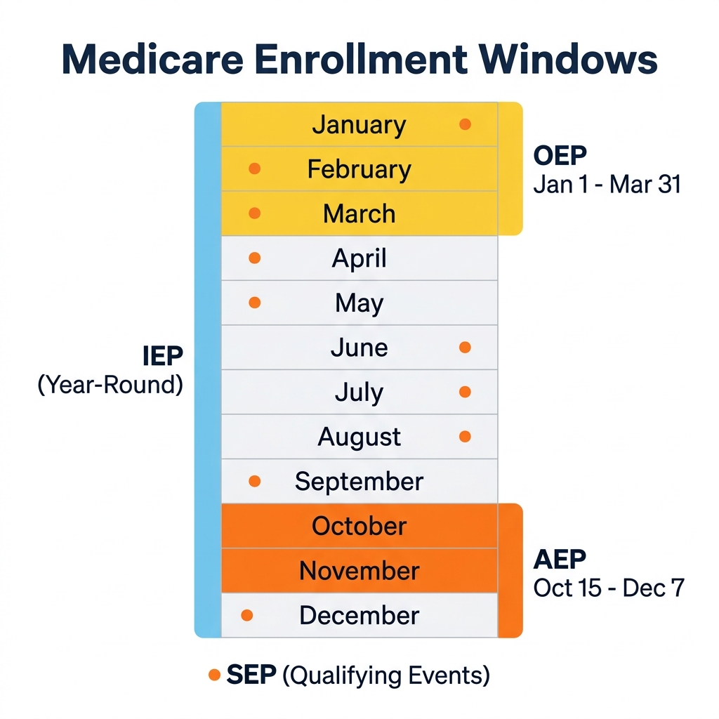 Medicare enrollment windows calendar showing IEP, AEP, OEP, and SEP across the year