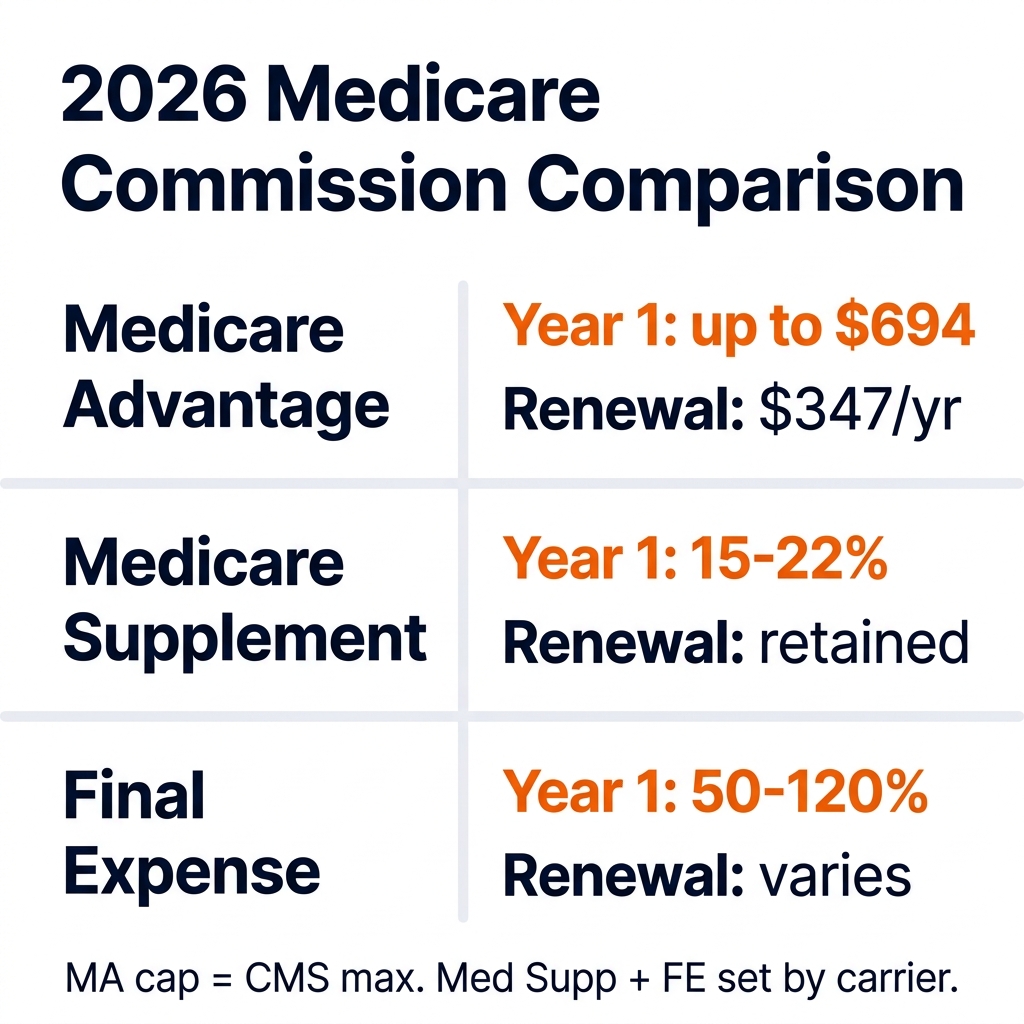 2026 Medicare commission comparison -- MA vs Med Supp vs Final Expense rates