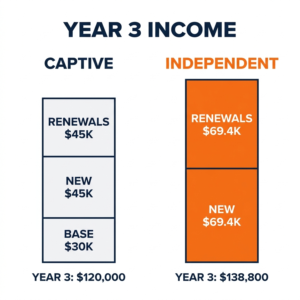 Year 3 income comparison: captive Medicare agent $120,000 vs independent Medicare agent $138,800