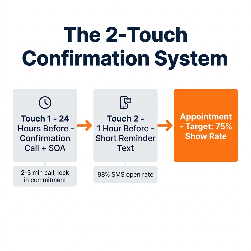 The 2-Touch Confirmation System: 24-hour call and 1-hour text targeting 75% show rate