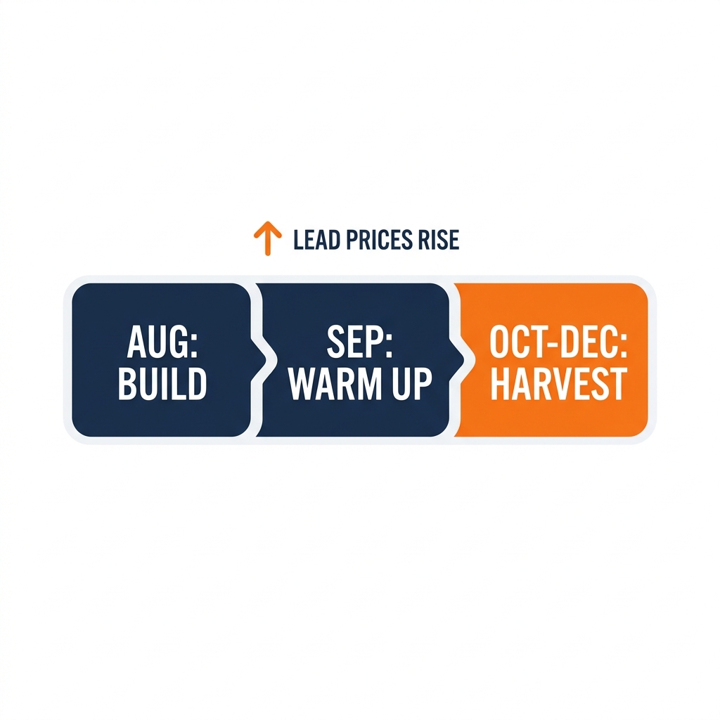Pre-AEP lead timeline: August build, September warm up, October to December harvest as lead prices rise