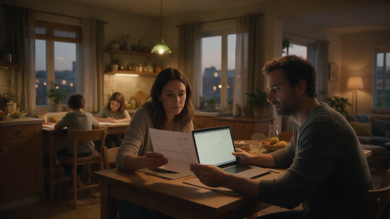 Familia revisando la factura de la luz en la mesa de la cocina