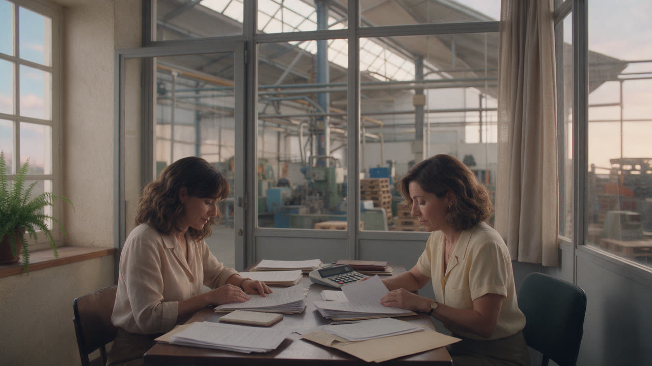 Dos responsables de una fábrica revisando las facturas de la luz de la empresa