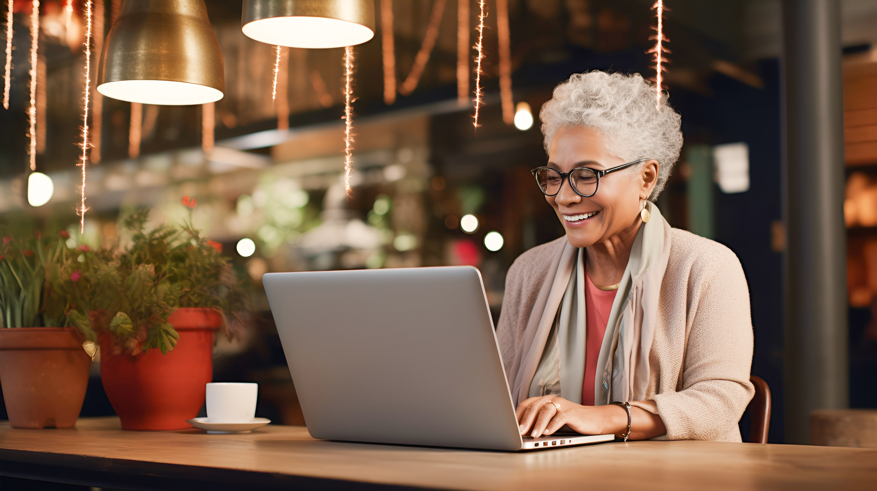 Confident woman typing on a laptop with soft café lighting in the background.