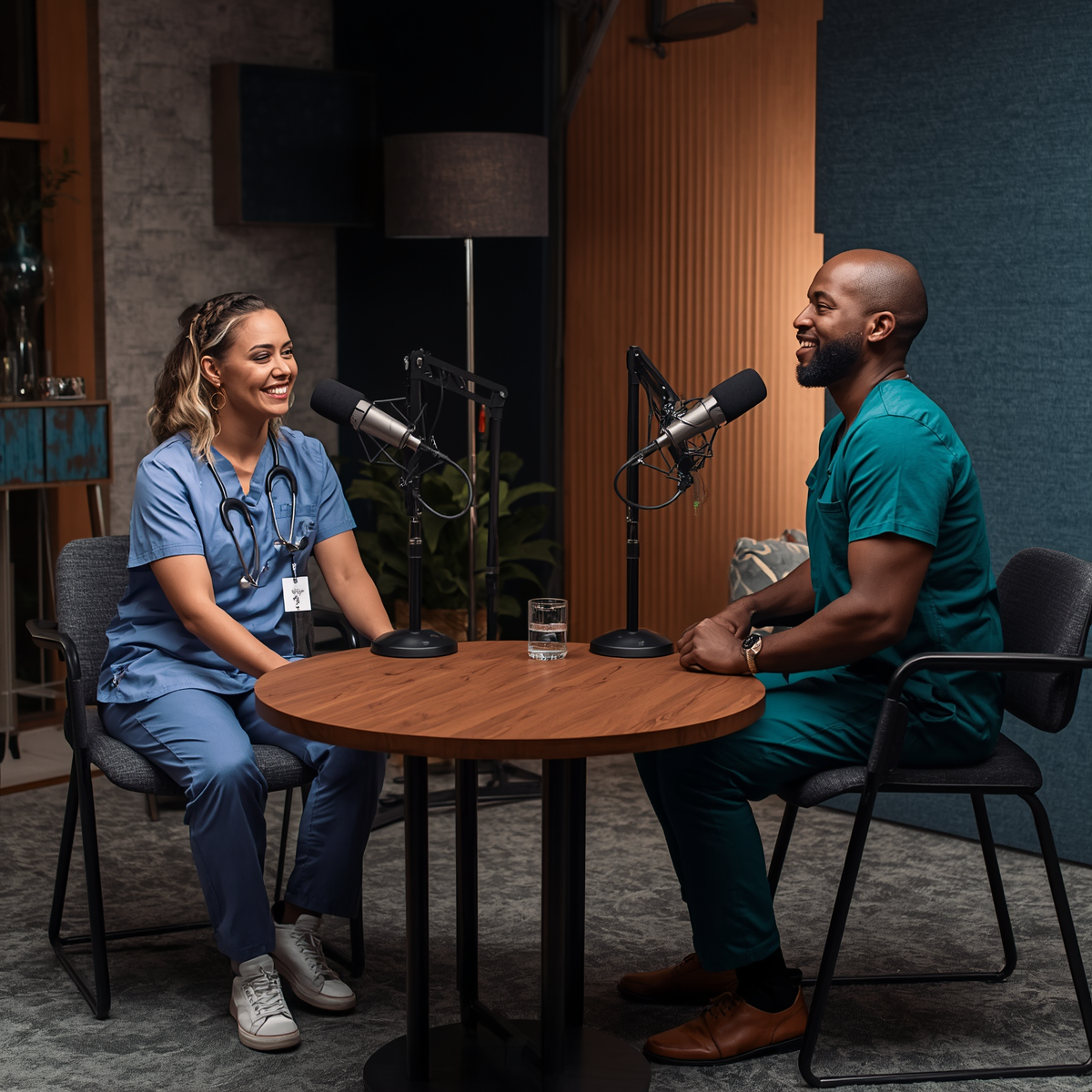 Two healthcare professionals recording the Building Better Care podcast