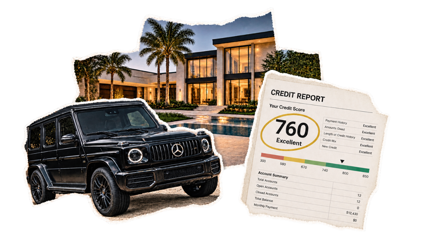 A magazine-cutout collage of a Mercedes-Benz, a modern mansion, and an approval report showing an excellent score