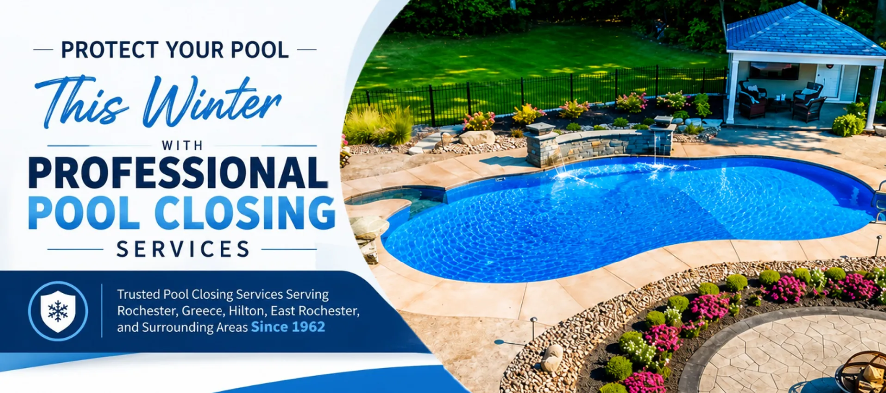 "Swimming pool prepared for winter with professional pool closing services, featuring a limited-time $50 discount offer