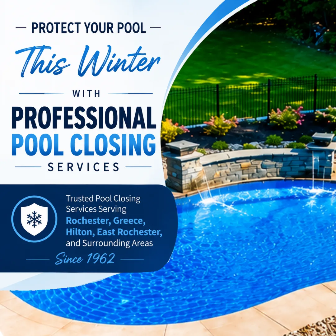 "Swimming pool prepared for winter with professional pool closing services, featuring a limited-time $50 discount offer