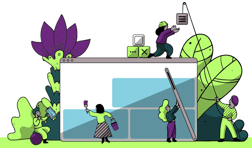 An illustration of a team of individuals collaboratively building a large interface. One person is painting a section, another is holding a ladder steady, and a third is on top wearing a hard hat, hanging a block. Additional elements include oversized leaves, a flower, and abstract decorative blocks, creating a vibrant and engaging atmosphere.