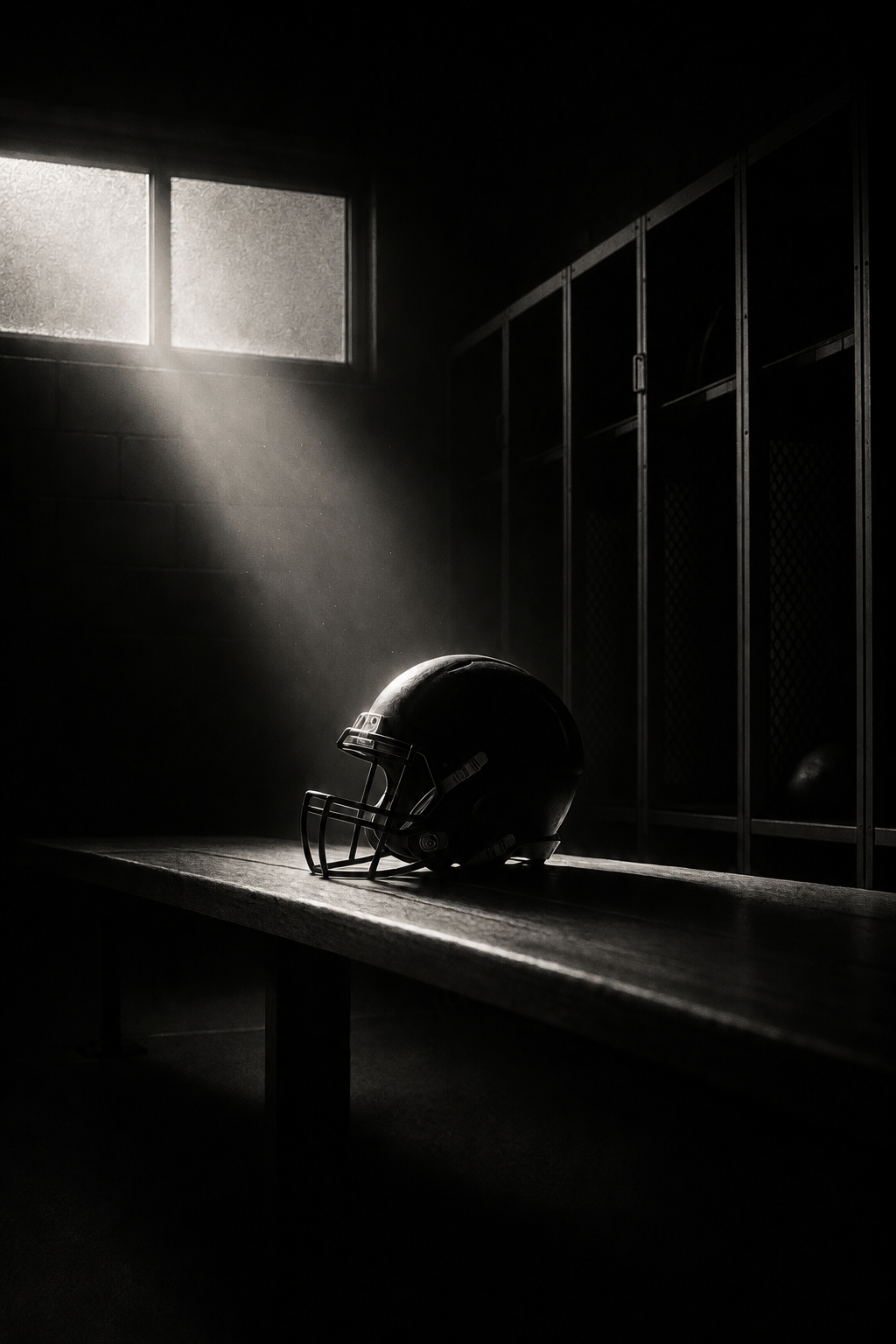 Football helmet in a dark locker room
