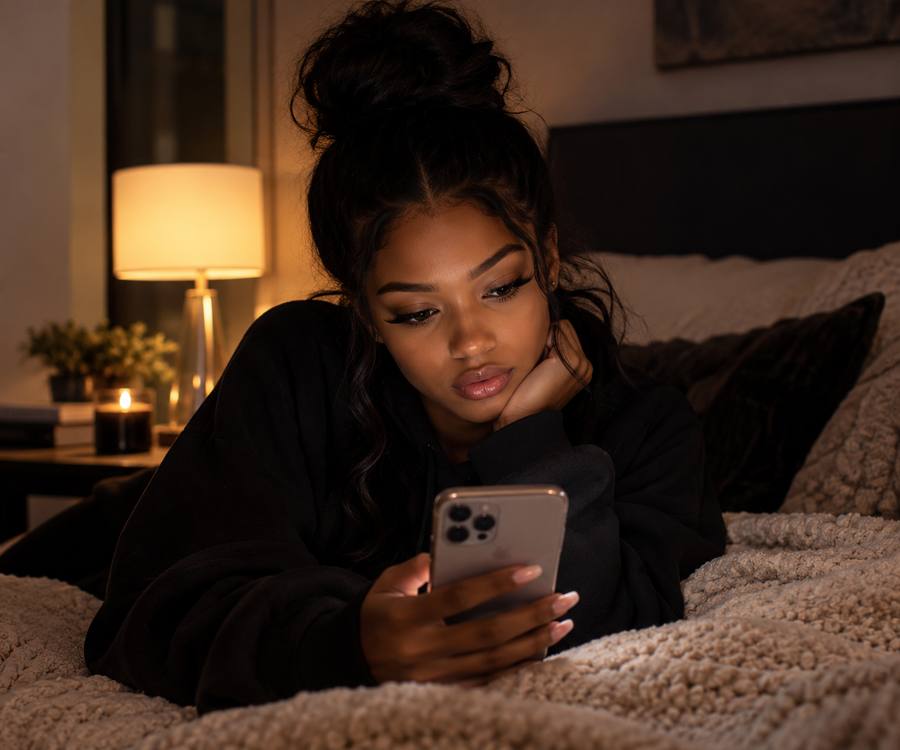Femme allongée qui regarde anxieusement son téléphone
