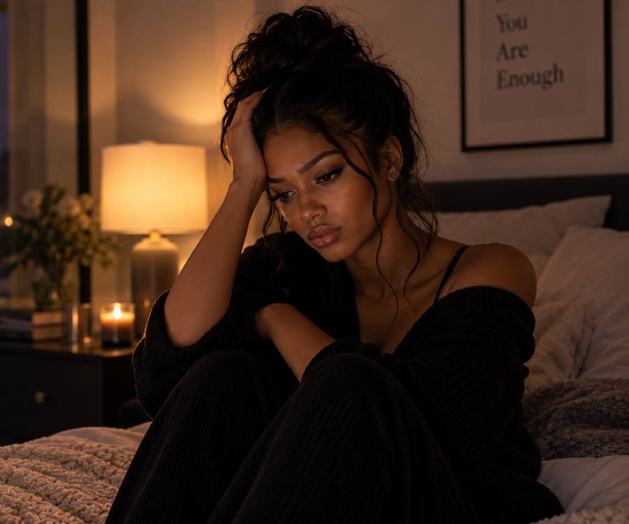 Femme assise sur son lit, la tête dans la main